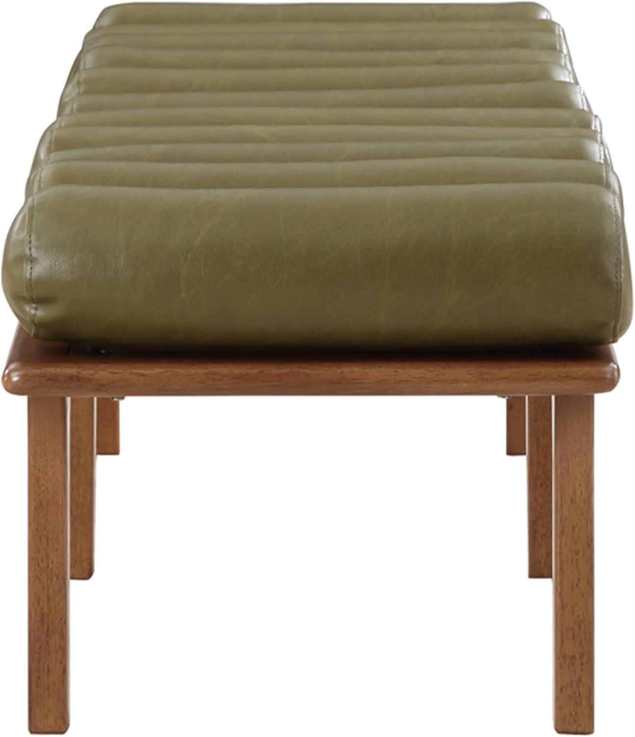 Olive Green Vegan Leather and Walnut Art Deco Bench