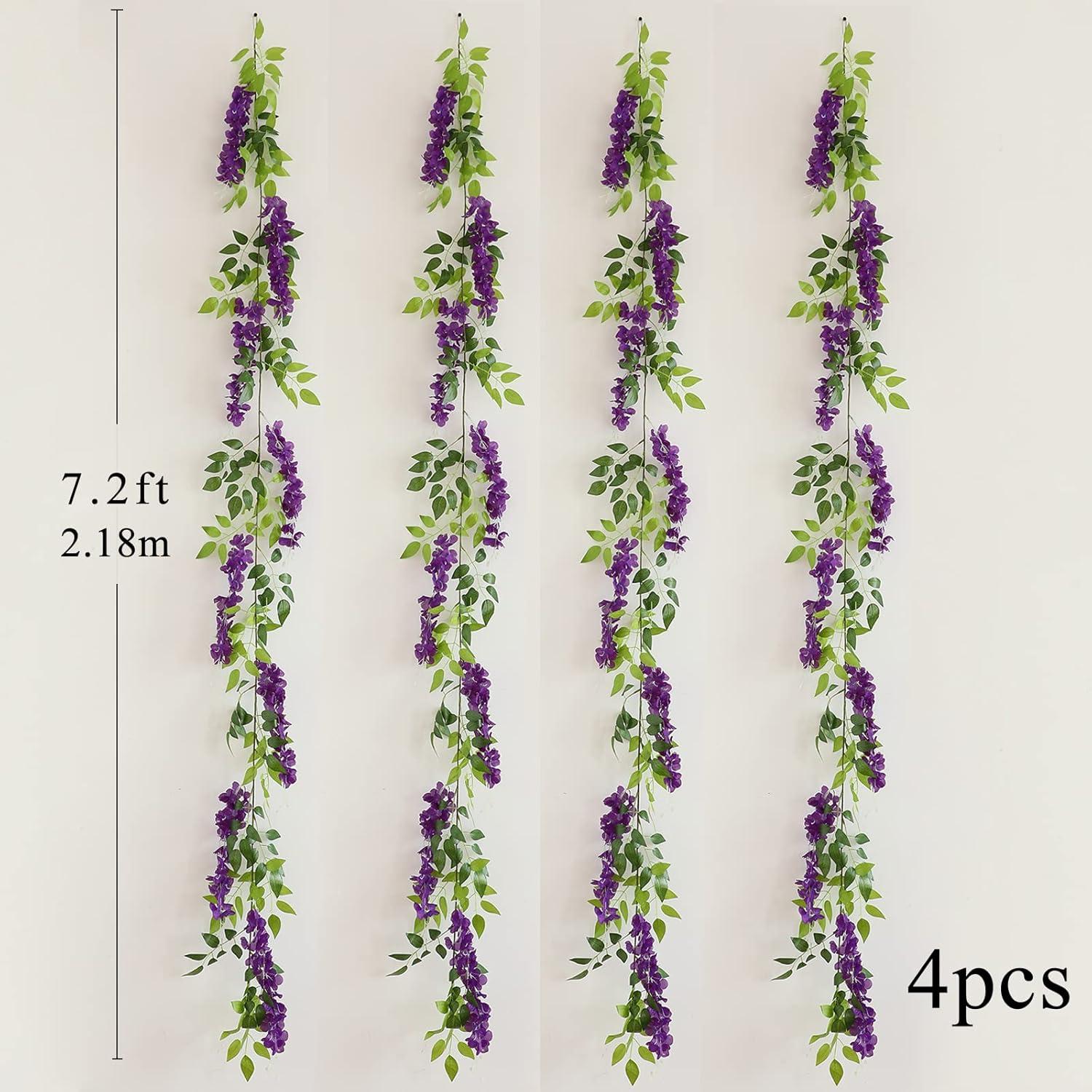 Sinhoon Wisteria Artificial Flowers Garland, 4 Pcs Total 28.8ft Artificial Wisteria Vine Silk Hanging Flower for Home Garden Outdoor Ceremony Wedding Arch Floral Decor (Light Purple)