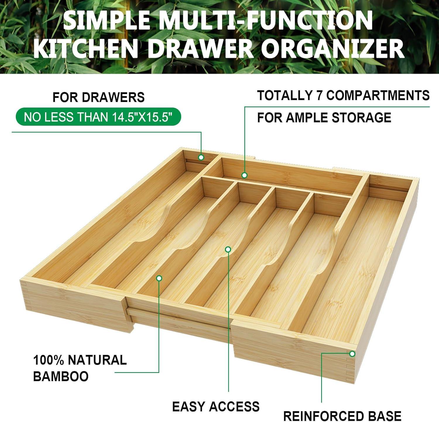 BAMBUROBA Bamboo Kitchen Drawer Organizer,Expandable Silverware Organizer,2 Pack Utensil Holder and Cutlery Tray with 7 Slots,Gadgets Storage Divider,Natural