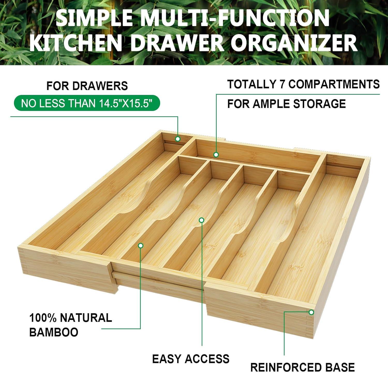 BAMBUROBA Bamboo Kitchen Drawer Organizer,Expandable Silverware Organizer,2 Pack Utensil Holder and Cutlery Tray with 7 Slots,Gadgets Storage Divider,Natural