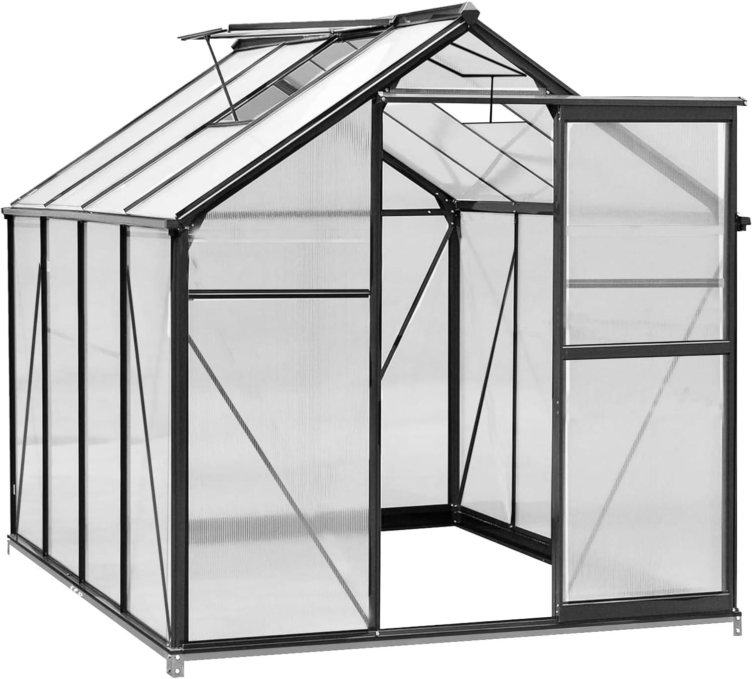 6 x 8 FT Black Aluminum Polycarbonate Greenhouse with Roof Vent