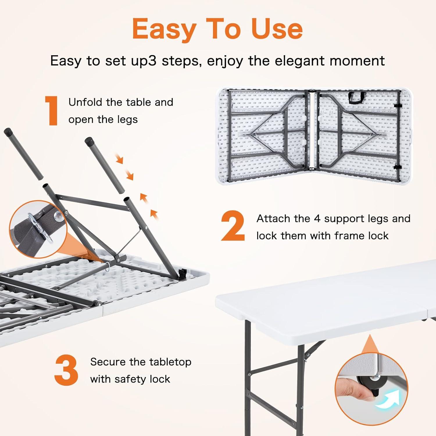 4 ft Portable Folding Table, Idustrial Heavy-Duty Foldable Table, HDPE Plastic Table, with Carrying Handle, Locks, Stright Legs for Indoor & Outdoor Party, Barbeque, Camping, Board Games - White