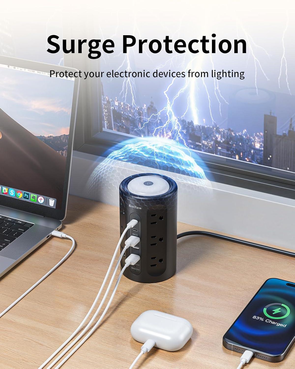 Power Strip Tower with Night Light, Power Strip Surge Protector with USB Ports, Extension Cord 10 FT with Multiple Outlets (12AC+3A+2C) for Home Office Desk DormRoom (Black)