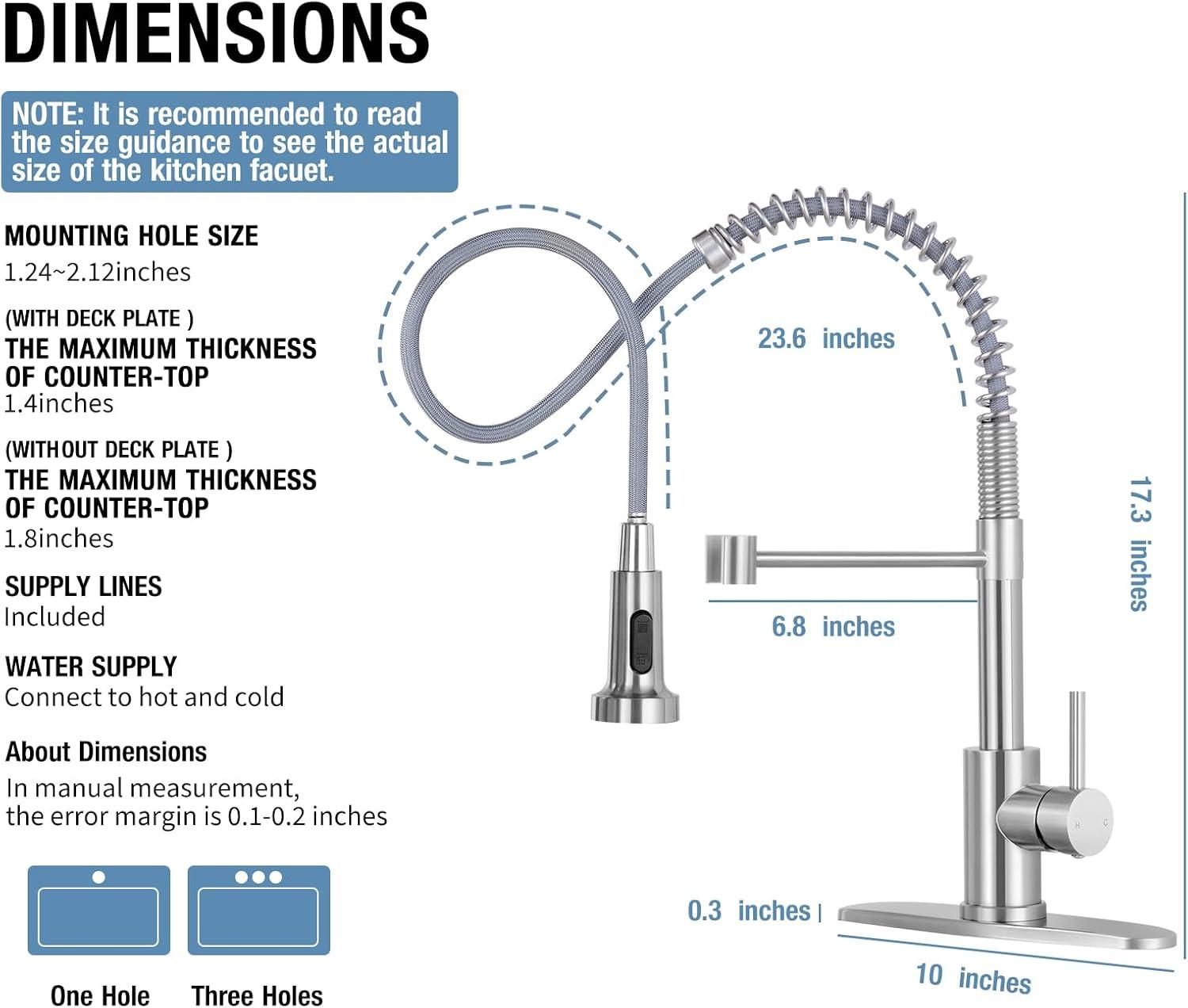 Coliware Kitchen Sink Faucet Brushed Nickel with Pull Down Sprayer, Stainless Steel Spring Kitchen High Arc Commercial Faucets with Deck Plate 1 or 3 Hole