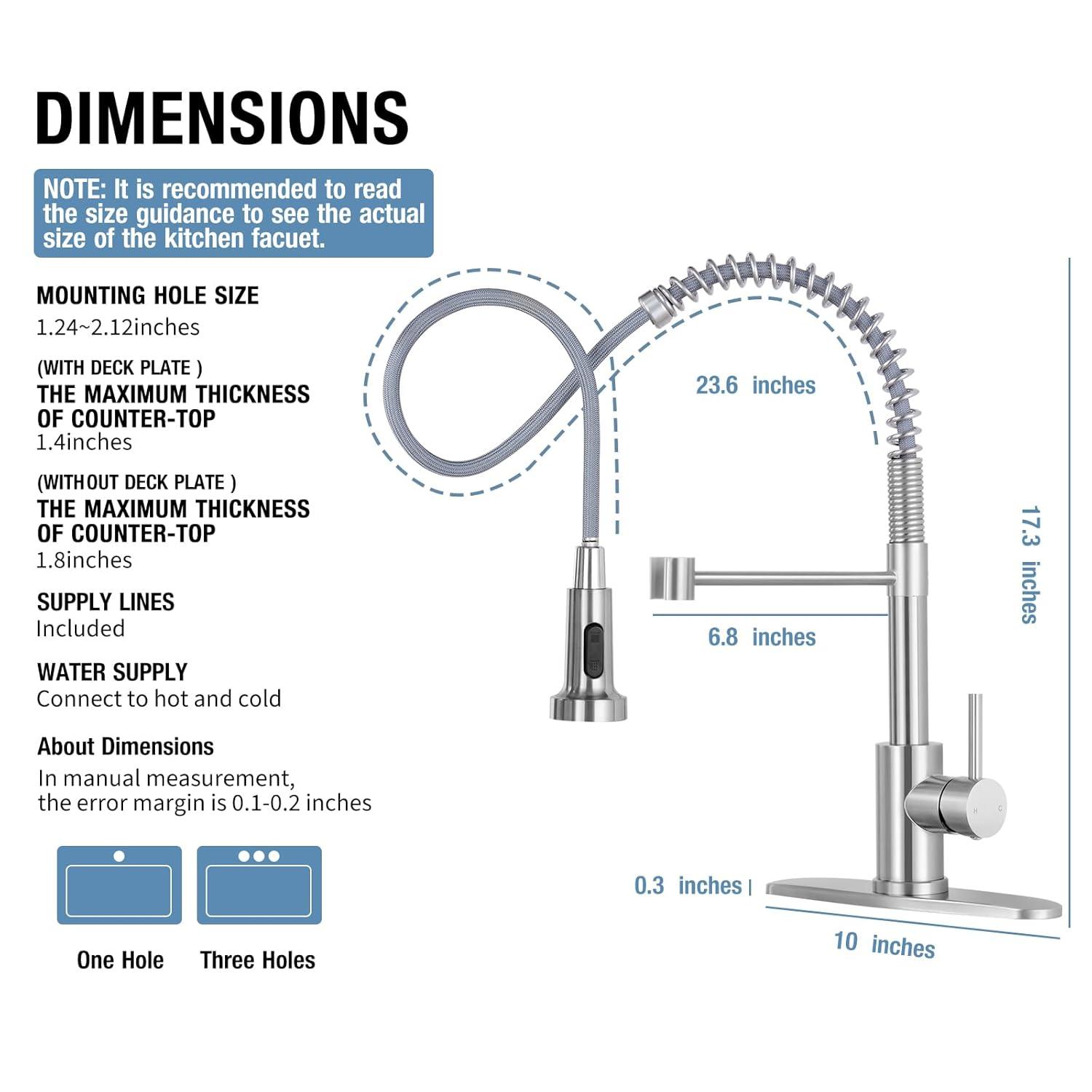 Coliware Kitchen Sink Faucet Brushed Nickel with Pull Down Sprayer, Stainless Steel Spring Kitchen High Arc Commercial Faucets with Deck Plate 1 or 3 Hole