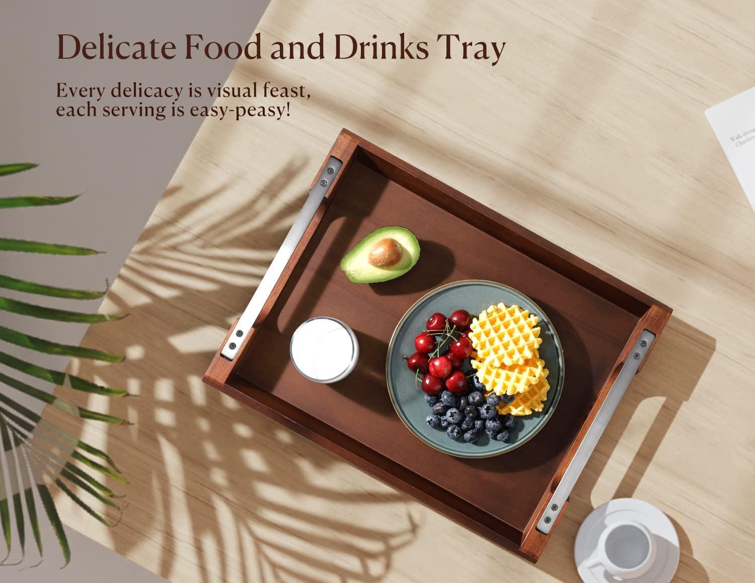 Acacia Wood Serving Tray With Metal Handles, 17X13in Food Drinks Tray For Coffee Table, Breakfast, Dinner & Bar, Rustic Decorative Storage Tray For Ottoman, Kitchen, Bedroom Gift Packaging