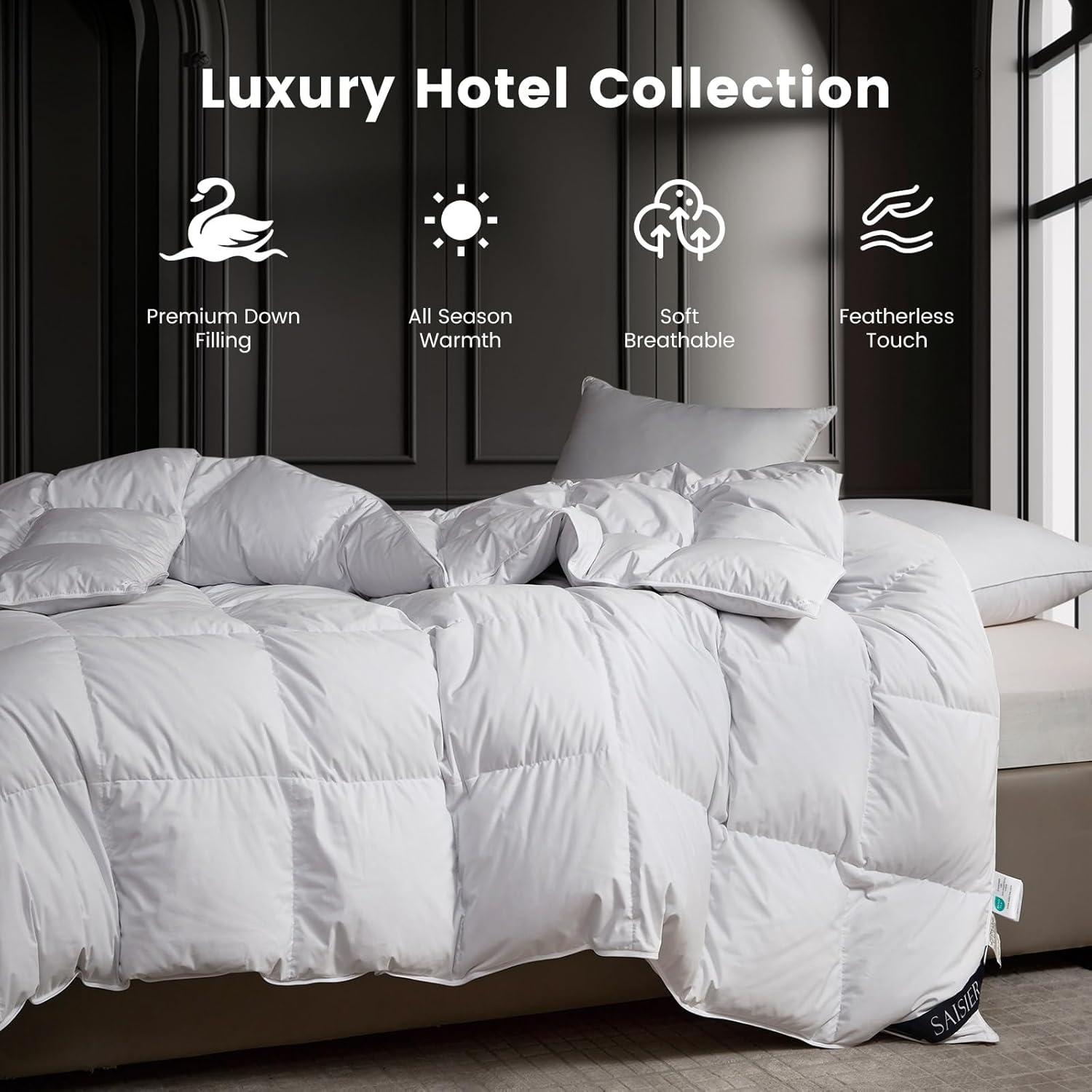 White Goose Feathers Down Fiber Comforter Queen Size, Premium All Season Duvet Insert, 750 Fill 1200TC Power Hotel Style Bedding Comforter, 42 Oz Lightweight and Medium Warmth (90x90,White)