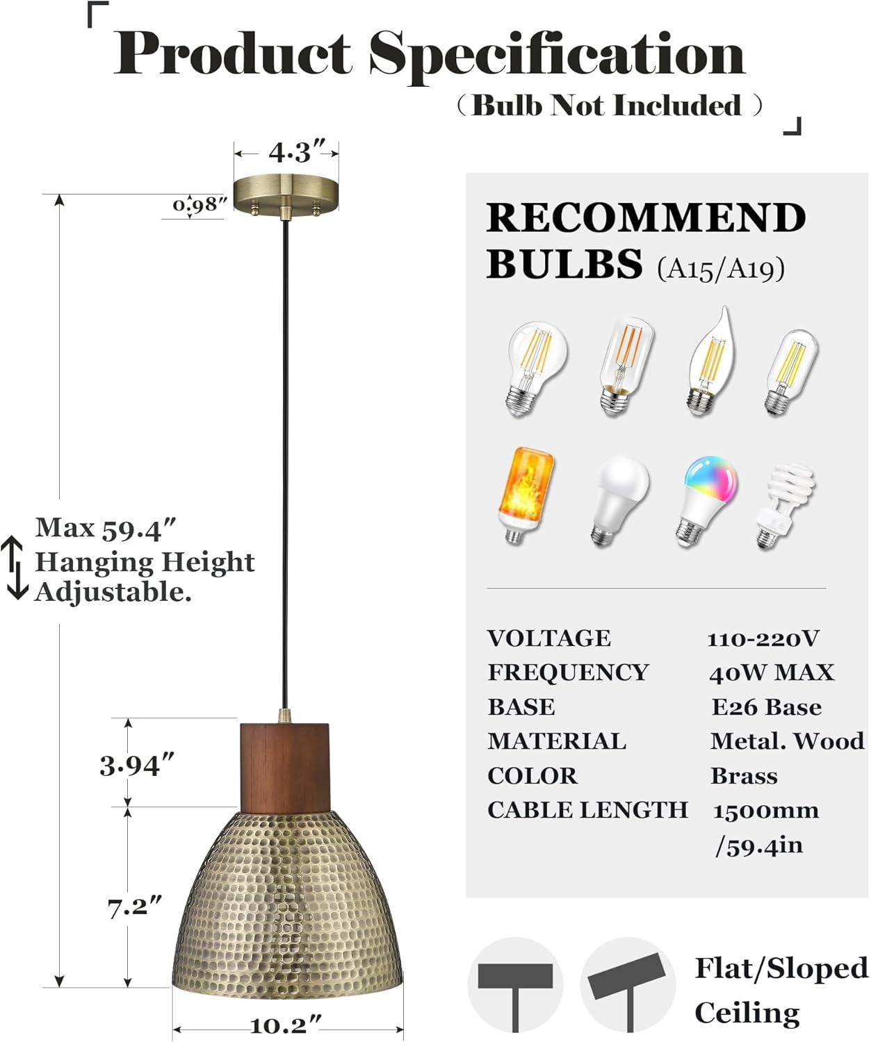 Vintage Brass and Wood Hammered Pendant Light