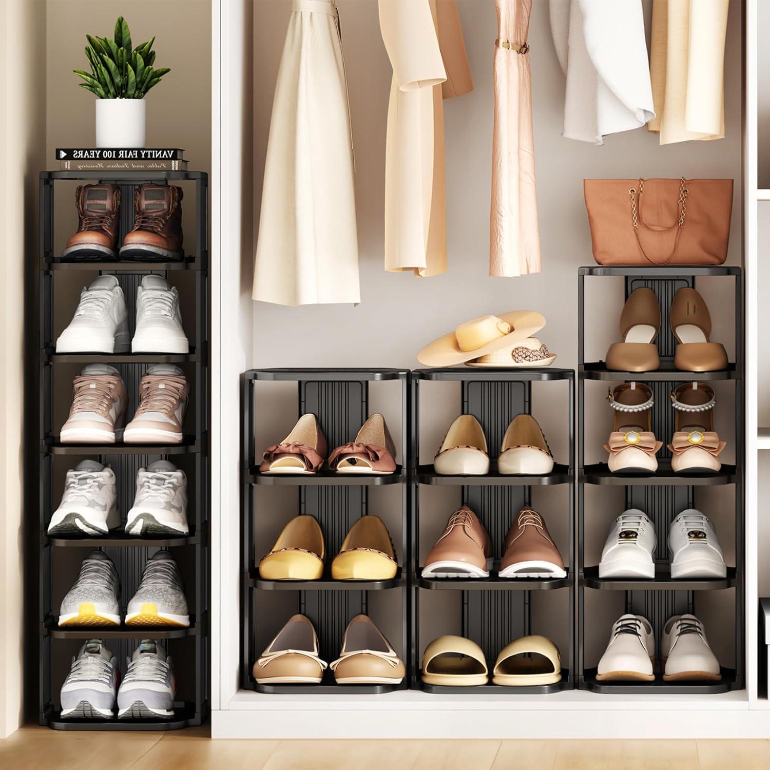 Black 8-Tier Stackable Metal and Fabric Shoe Rack