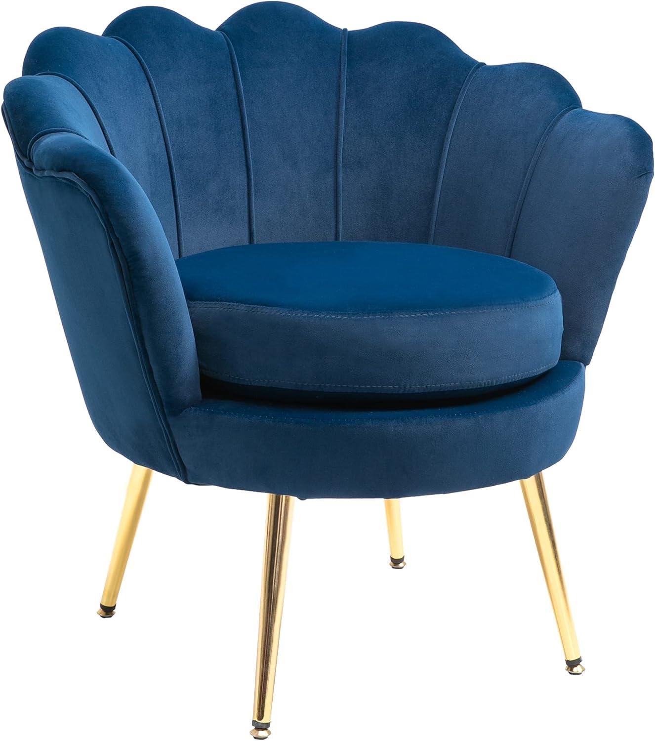 Elegant Lotus Blue Velvet Accent Chair with Gold Metal Legs