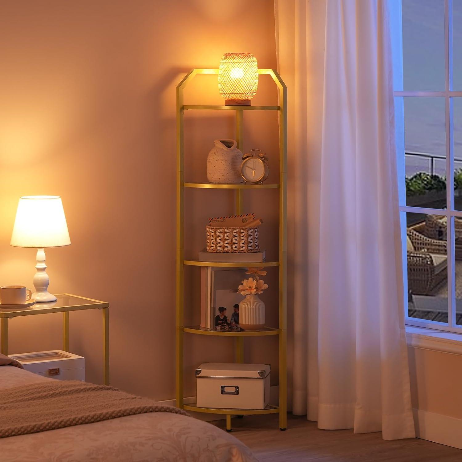 HOOBRO 5-Tier Corner Shelf Stand, Black Corner Bookshelf, Tempered Glass Shelves, Bathroom Organizer, Corner Plant Stand, for Living Room, Study, Balcony, Home Office, Modern Style, Black BK15CJ01