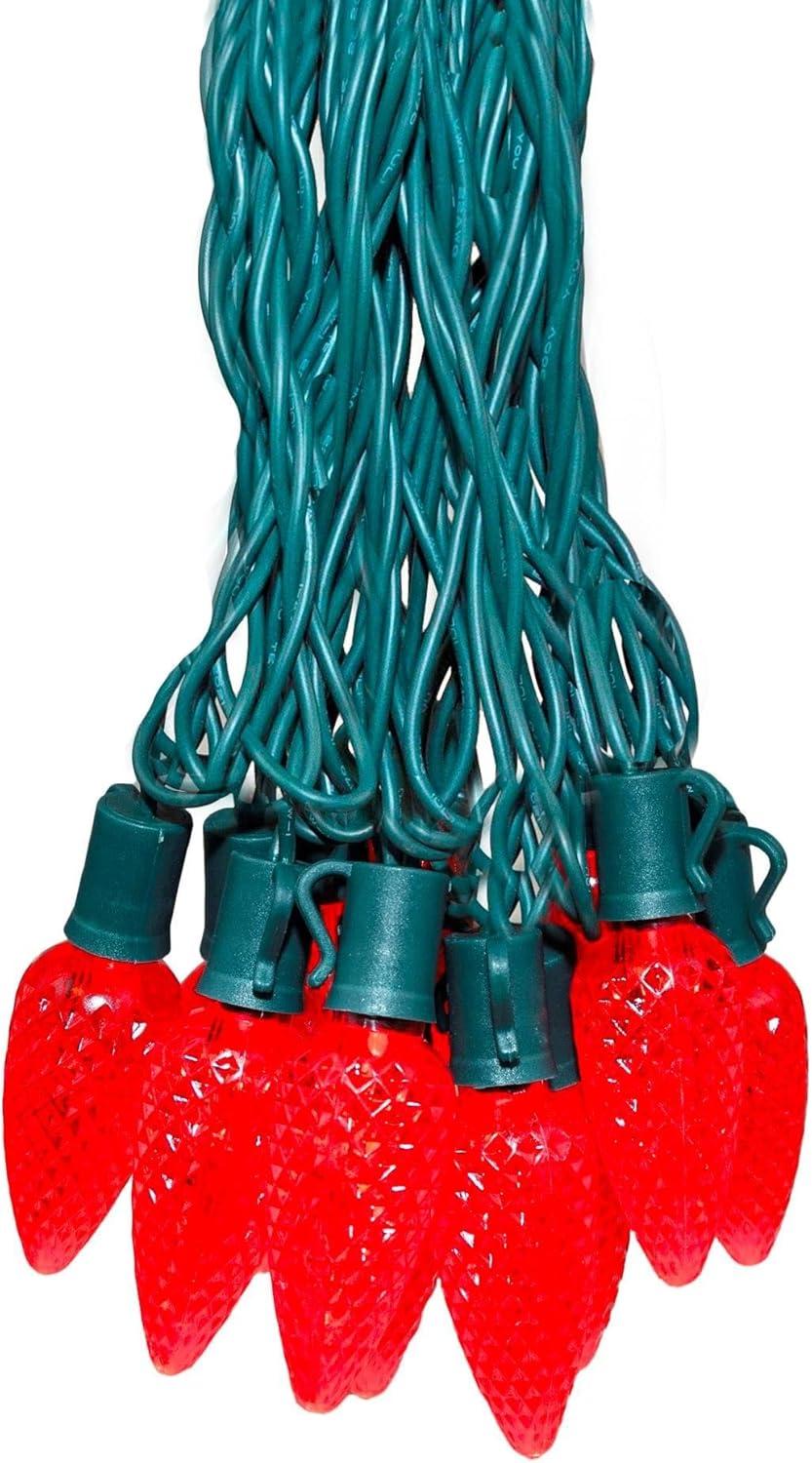 Novelty Lights LED Red C9 Faceted, Green Wire (25 Bulbs, 120 V)