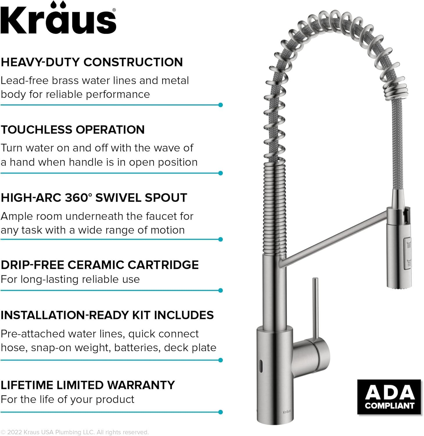 KRAUS Oletto Touchless Sensor Commercial Pull-Down Single Handle Kitchen Faucet with QuickDock Top Mount Assembly