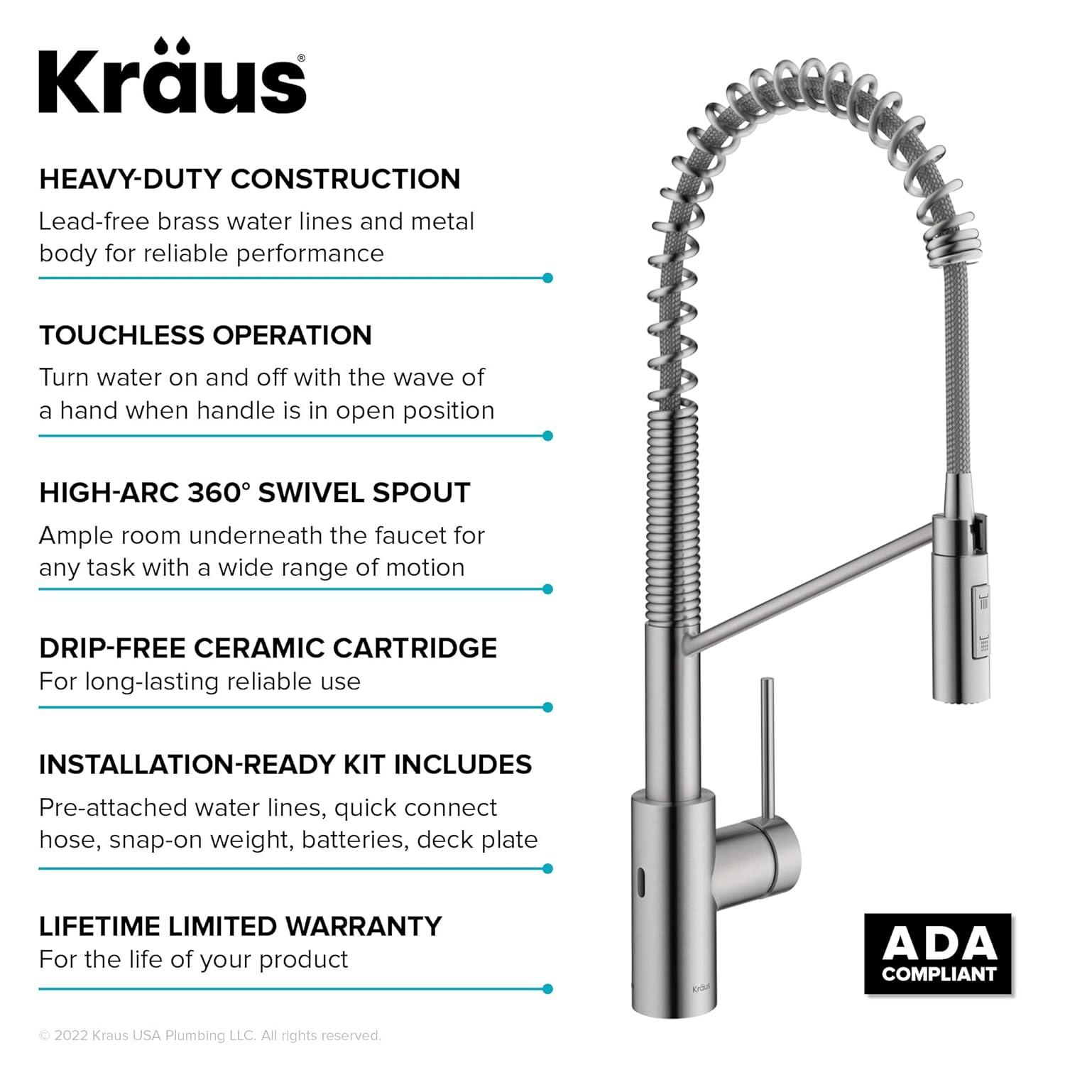 KRAUS Oletto Touchless Sensor Commercial Pull-Down Single Handle Kitchen Faucet with QuickDock Top Mount Assembly