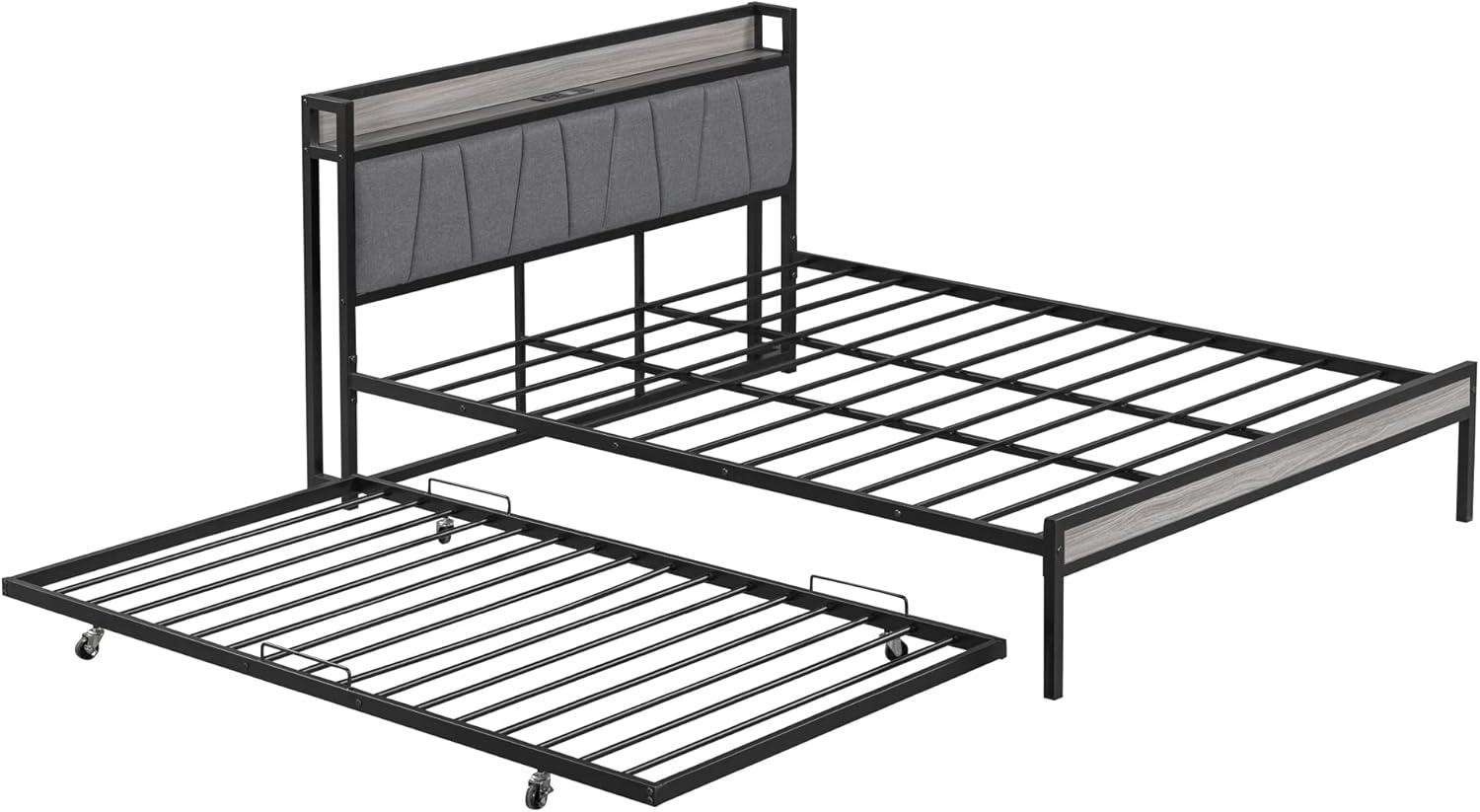 Queen Size Platform Bed Frame with Twin size trundle, Metal Bed Frame with USB Ports and Sockets,Upholstered Platform Bed with Headboard and Wood Footboard,Strong Slat Support,Black