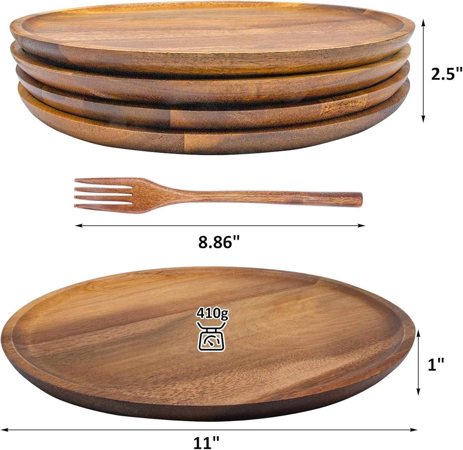 Wooden Plates, Wood Dinner Plates with Forks, Reusable Handmade Natural Wood Flatware Set for Cooking, Eating, Housewarming(Set of 4, Large 11" x 11")