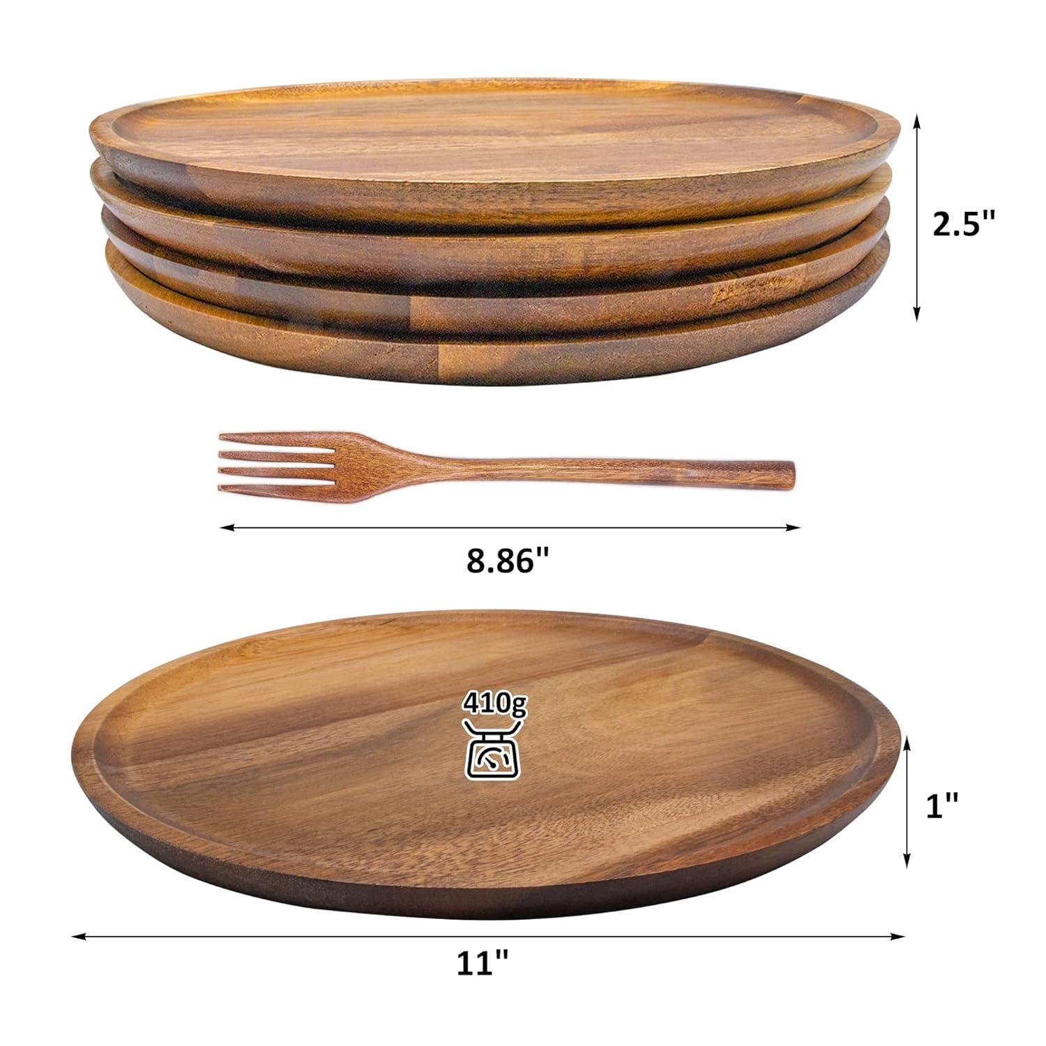 Wooden Plates, Wood Dinner Plates with Forks, Reusable Handmade Natural Wood Flatware Set for Cooking, Eating, Housewarming(Set of 4, Large 11" x 11")
