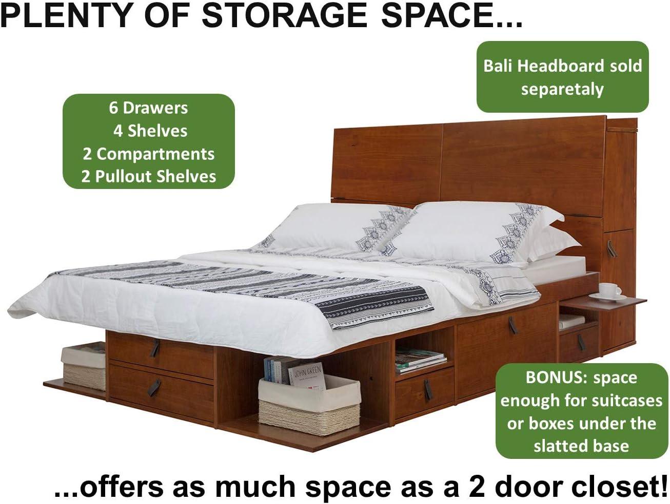 Memomad Bali Storage Platform Sturdy Modern Bed Frame with Drawers & More (Queen Size, Caramel Brown Wood)