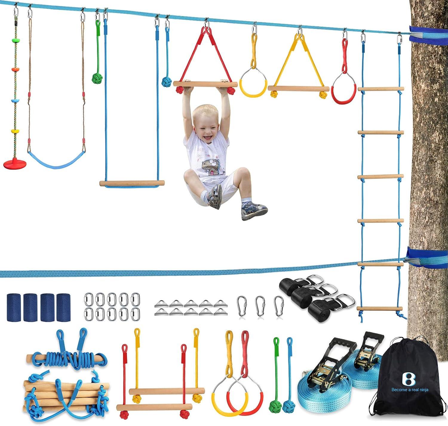 ImmSss Ninja Warrior Obstacle Course Kit for Kids - 2 X 52' Slackline Zipline 37 PCS Hanging Monkey Bars Fists Gym Rings Swing Rope Ladder Portable Outdoor Toys Training Equipment Set for Backyard