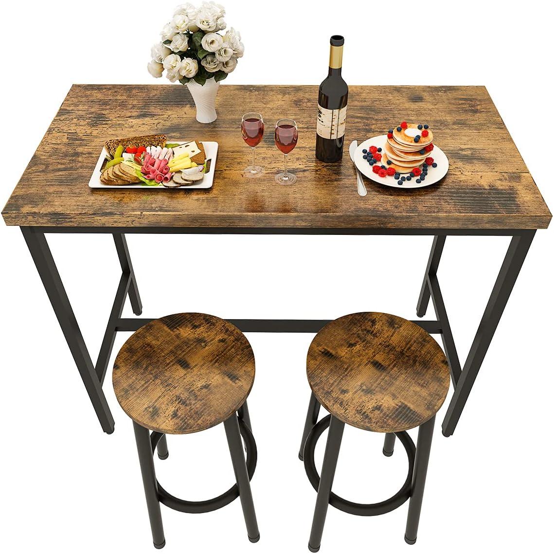 Recaceik Bar Table Set-3PCS Kitchen Counter-Dining Table with 2 Stools, for Home-Farmhouse-Restaurant-Cafe-Kitchen-Dining, Artificial Wood Top & Sturdy Steel Frame, Rustic Brown