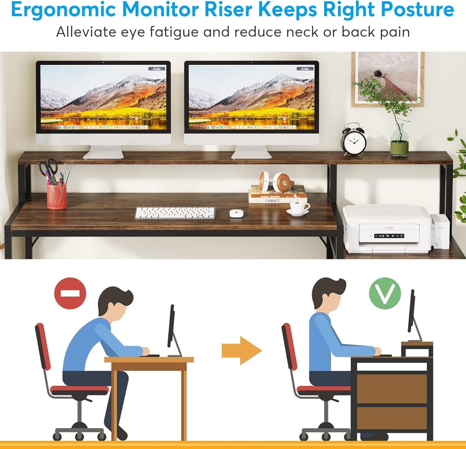 1Easylife 63" Computer Desk with Monitor Stand, Ergonomic Home Office Desks with Drawers File Cabinet Rustic Brown