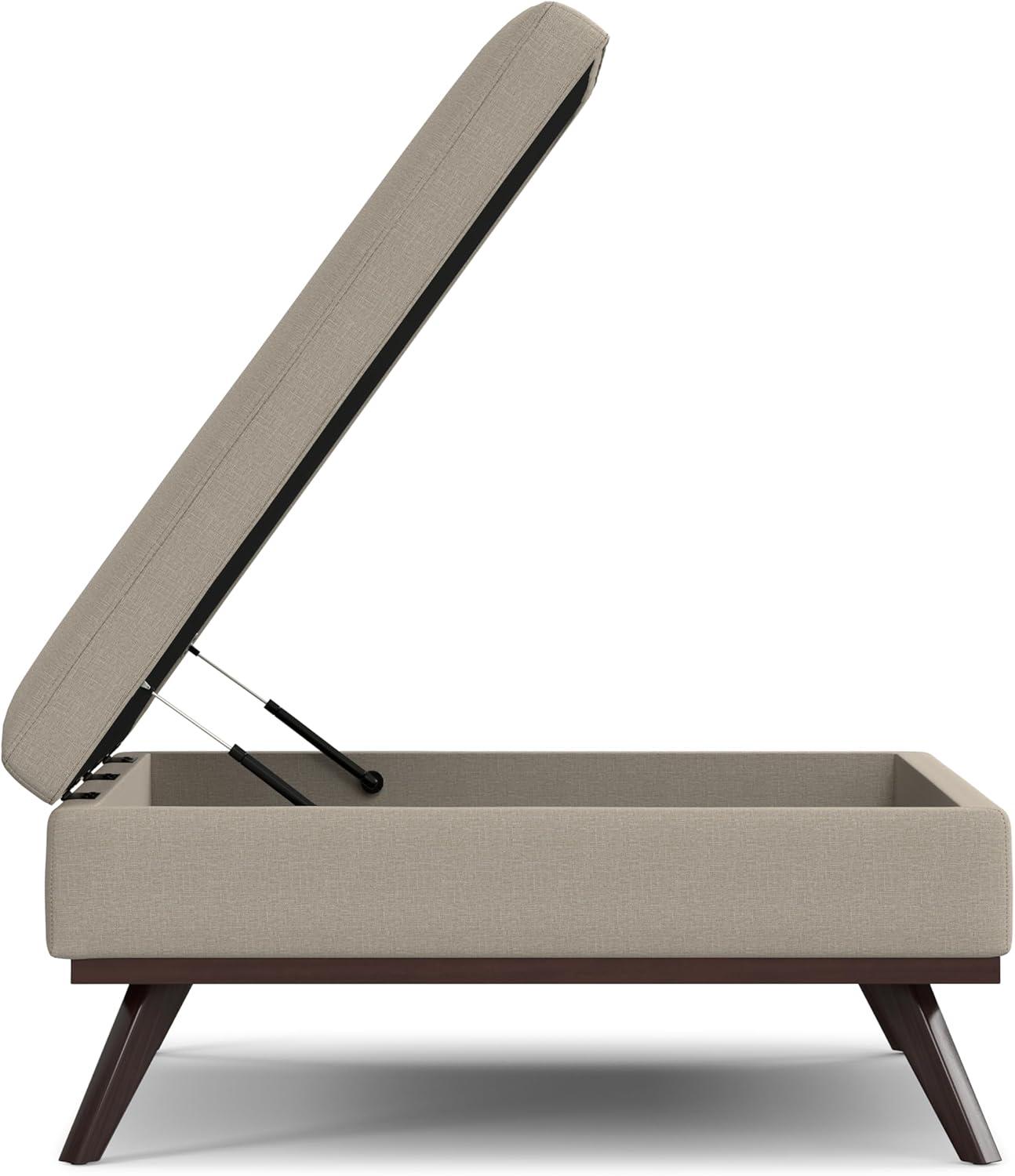 Simpli Home Owen 34"W Upholstered Coffee Table Storage Ottoman with Lift Top and Solid Wood Legs