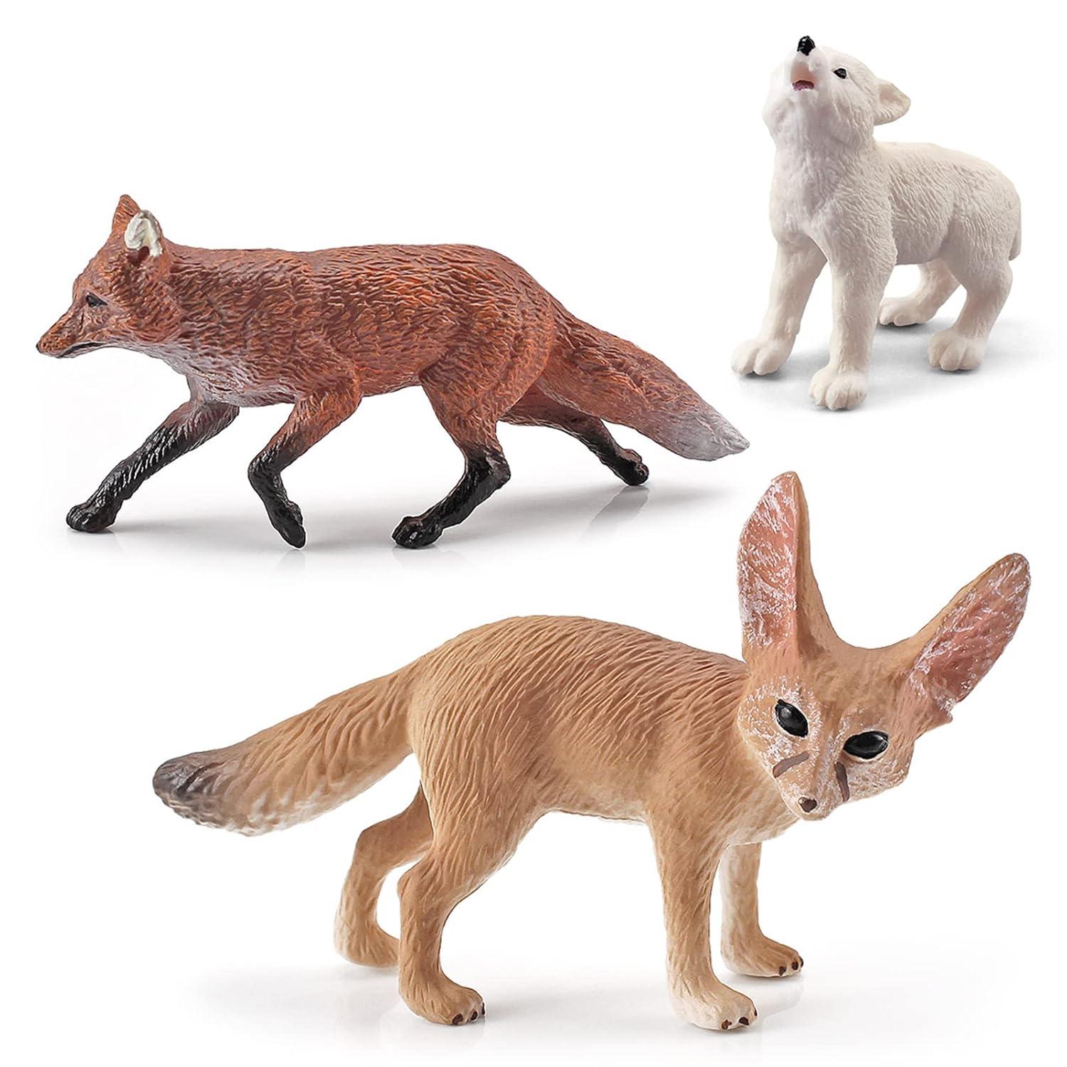 3PCS Desert Fox Figure Wolf Figurine Set Forest Woodland Animal Figurines Toys Set Plastic Animals Figure Gift for Kids Birthday 3 4 5 6 Year Old