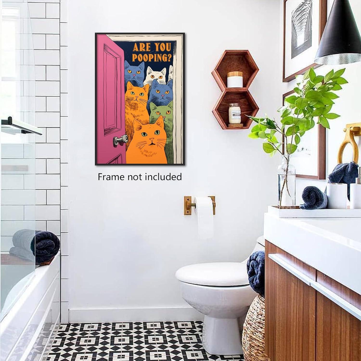 Funny Bathroom Cat Print Poster, Funky Are You Pooping Cat Sign Canvas Wall Art, Quirky Cats Witty Humor Pictures Artwork for Toilet Wall Decor 12x16in Unframed