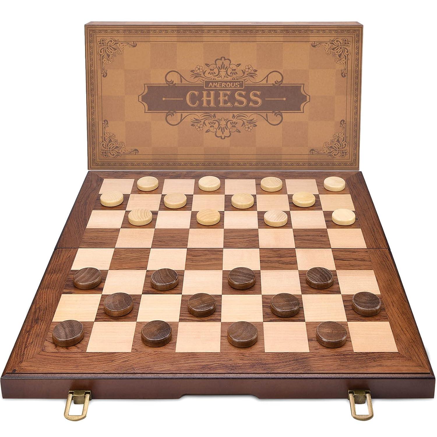 KiddiTouch 15 inch Magnetic Wooden Chess Set 2 in 1 Folding Chess Board Travel Chess Games for Adults and Kids