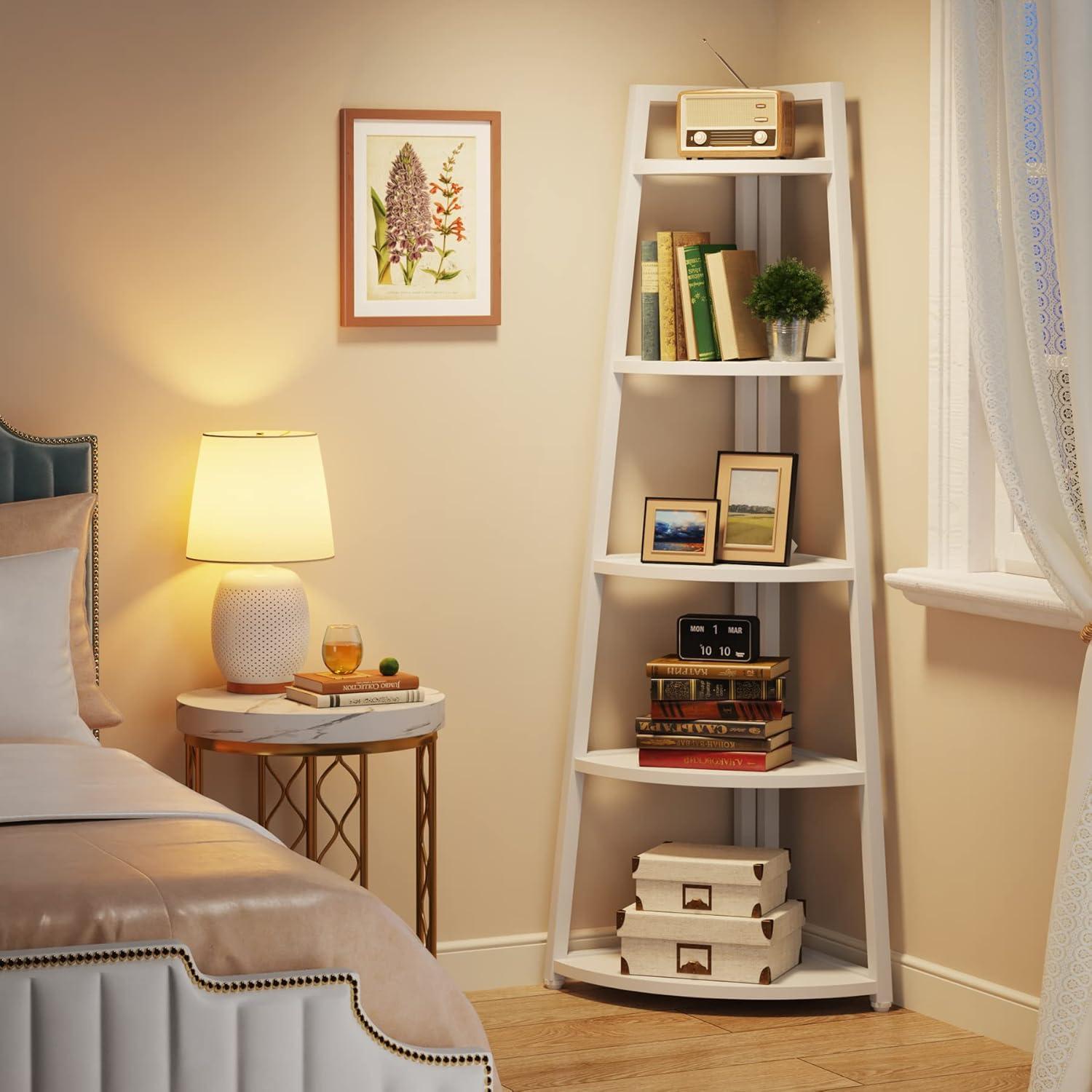 Hommoo 5-Tier Corner Shelf, 70" Tall Corner Ladder Shelf Small Bookshelf White