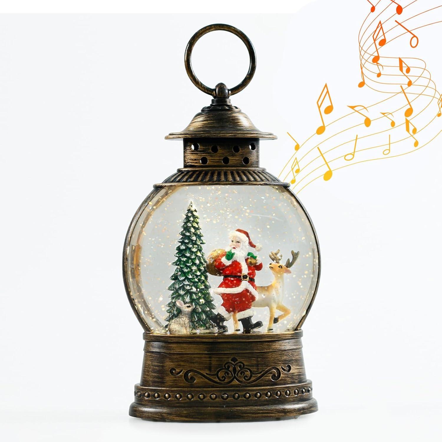 Vintage Brass Musical Santa Christmas Snow Globe Lantern