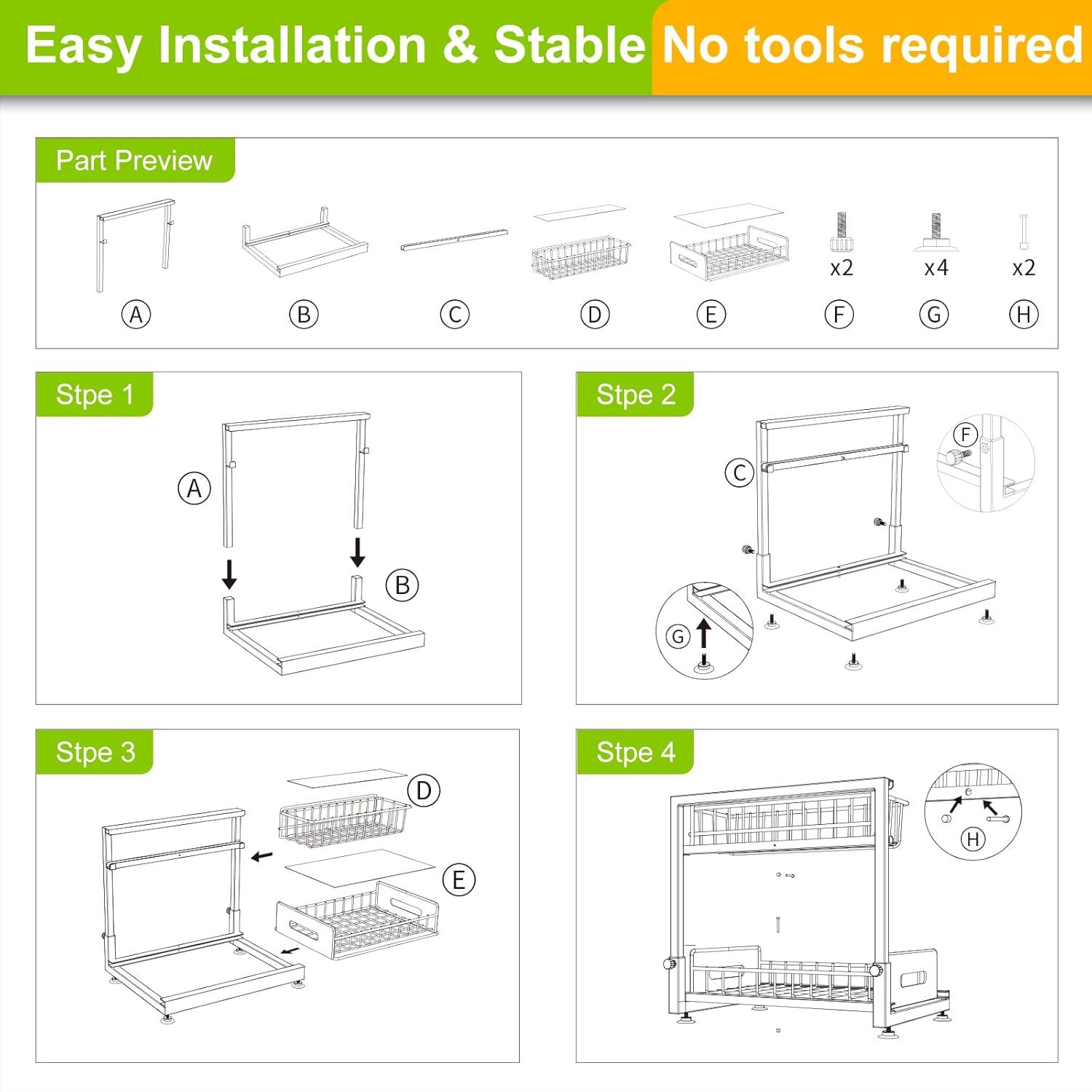 Sink Organizer, 2 Pack 2 Tier Sink Organizer and Storage, Slide-Out Pull-Out Cabinet Organizer, Sliding Metal Drawer for Home Kitchen, Bathroom, Pantry