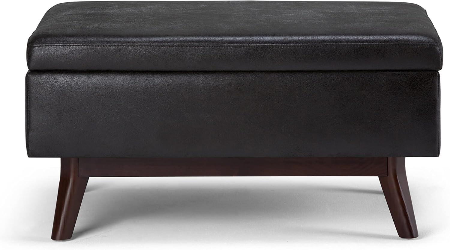 Simpli Home Owen Faux Leather Storage Coffee Table Ottoman in Distressed Black