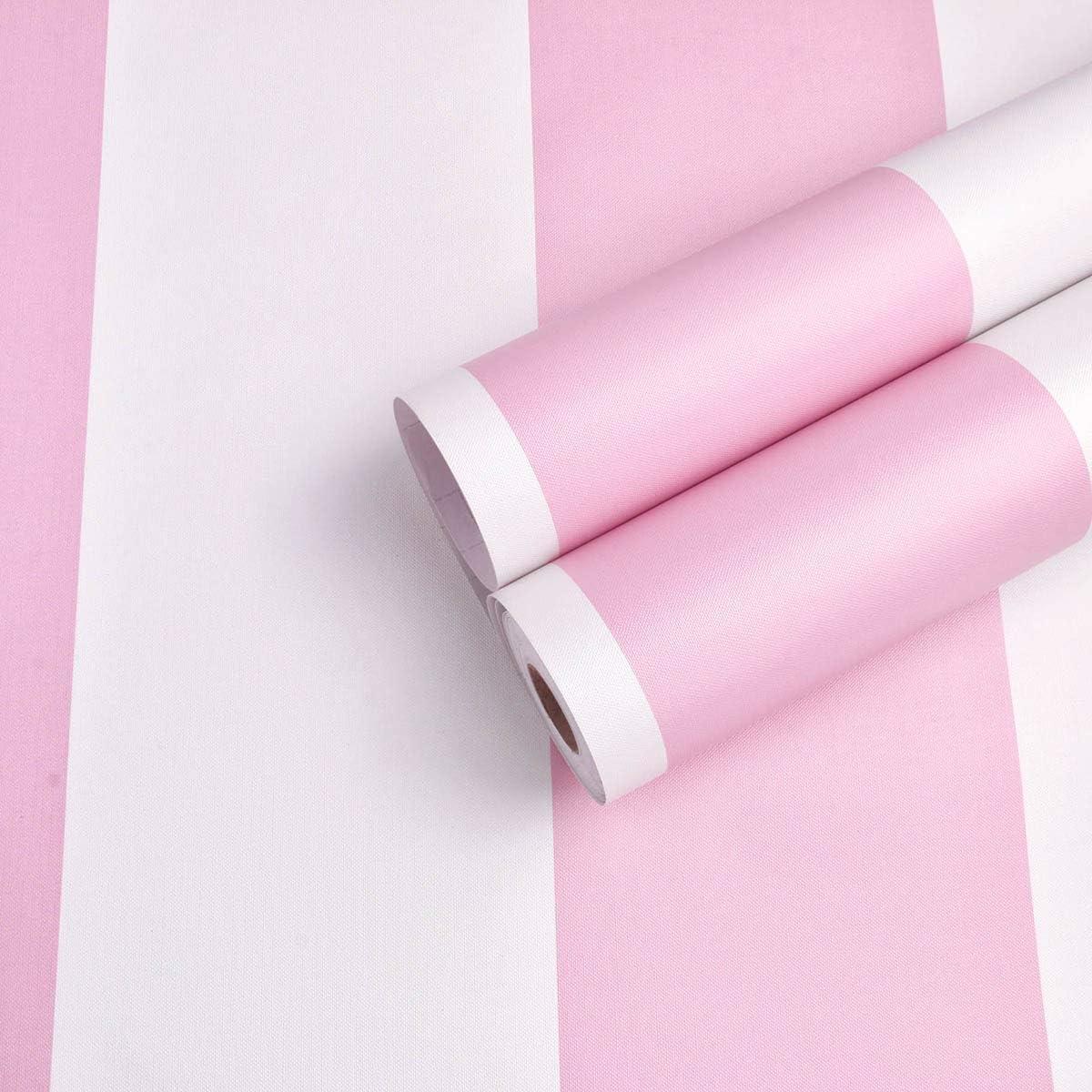 PoetryHome Self Adhesive Vinyl Pink and White Stripe Peel and Stick Wallpaper Shelf Liner for Walls Nursery Girls Bedroom Cabinets Dresser Drawer Furniture Decal Removable Waterproof 17.7x117 Inches