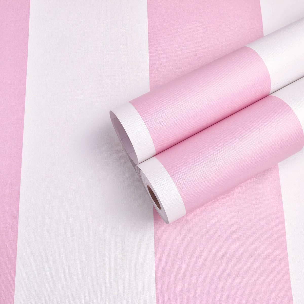 PoetryHome Self Adhesive Vinyl Pink and White Stripe Peel and Stick Wallpaper Shelf Liner for Walls Nursery Girls Bedroom Cabinets Dresser Drawer Furniture Decal Removable Waterproof 17.7x117 Inches