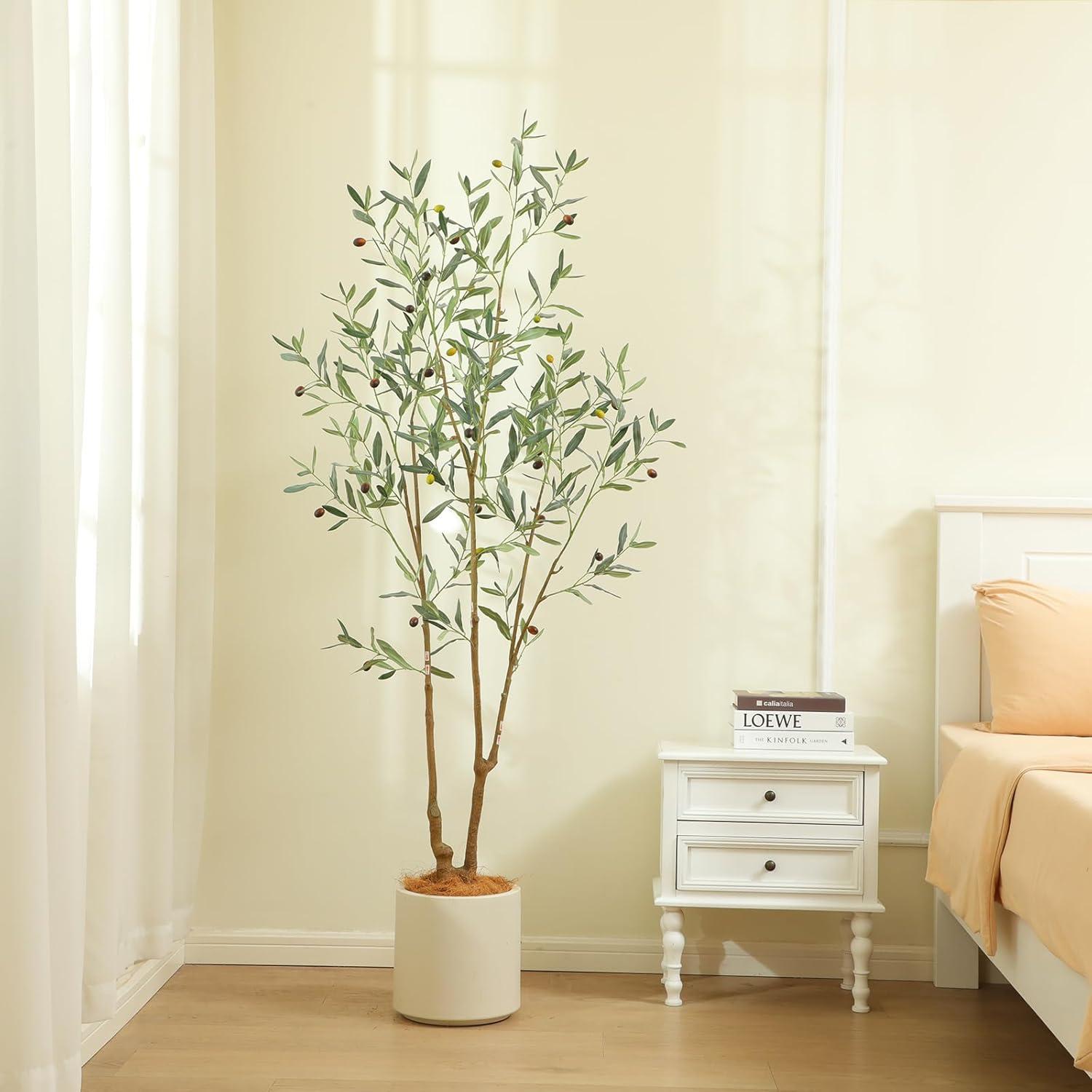 6FT Tall Artificial Olive Tree with Realistic Trunk and Leaves in White Pot