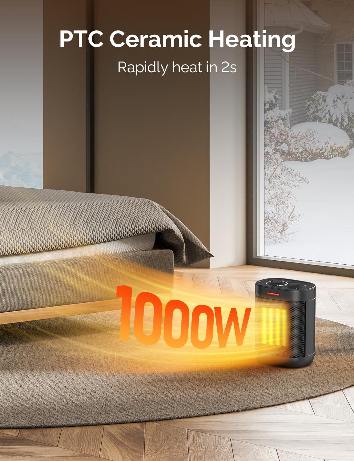 Small Space Heater for Indoor Use, PTC Electric Heater for Bedroom, 1000W Fast Heating with Thermostat, Overheating & Tip-Over Protection, Portable Small Heater