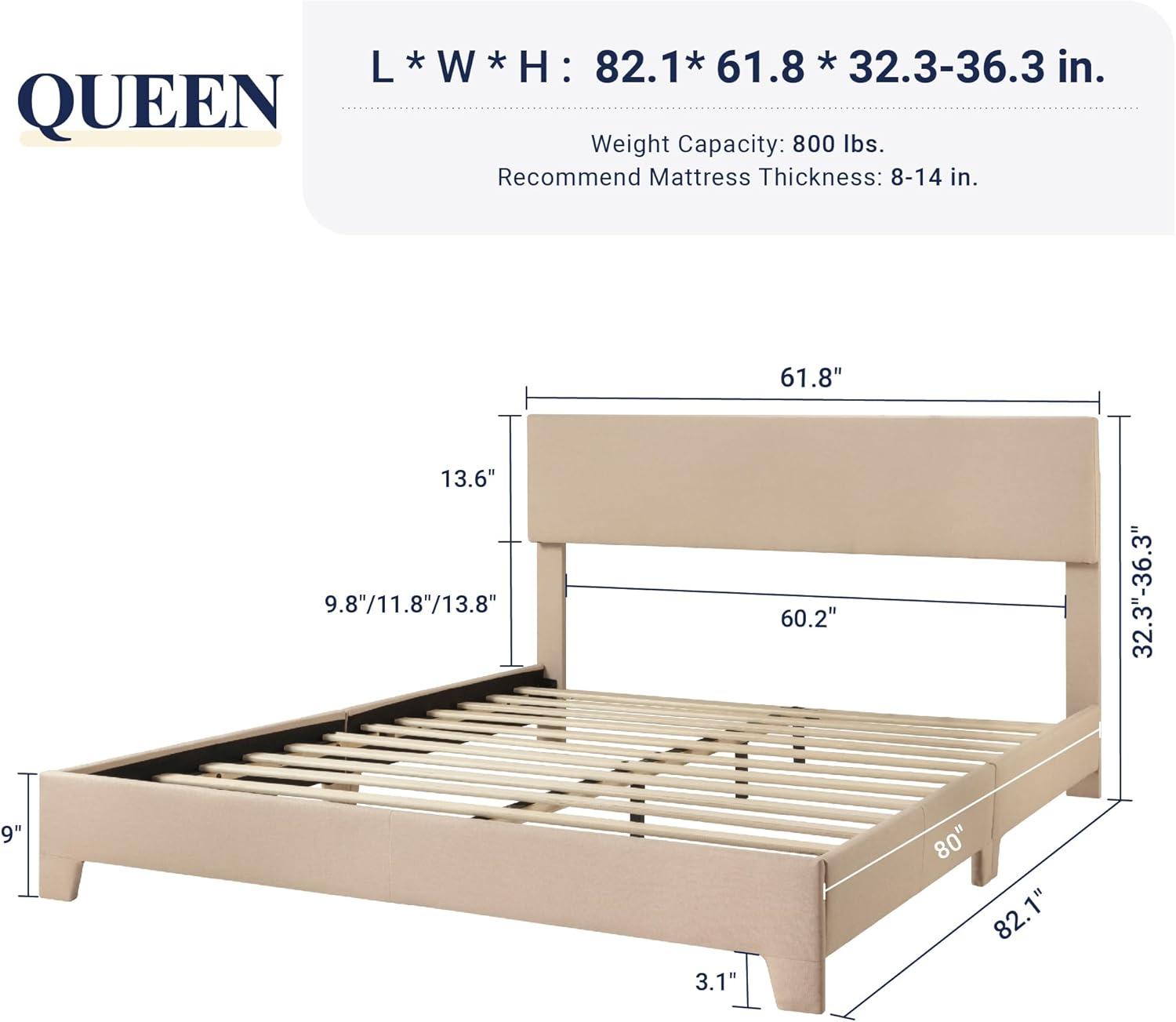 Killeryuki Queen Size Bed Frame with Adjustable Headboard, Upholstered Platform Bed with Wood Slats, Heavy Duty Mattress Foundation, No Box Spring Needed, Noise-Killeryuki, Easy Assembly, Beige