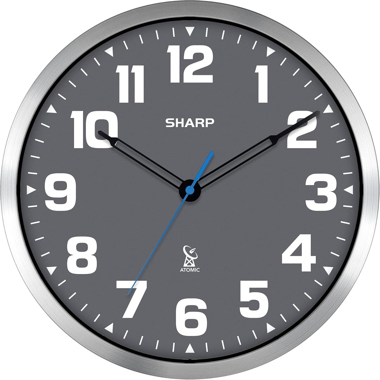 Sharp Atomic Analog Wall Clock - 12" Grey Face Silver Finish Auto Set Battery Opp Modern Design