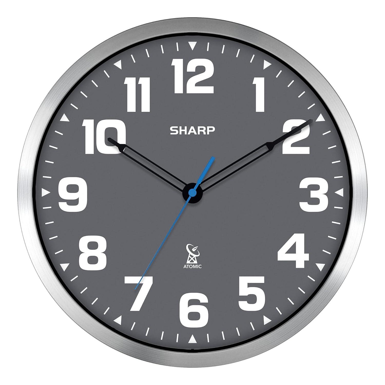 Sharp Atomic Analog Wall Clock - 12" Grey Face Silver Finish Auto Set Battery Opp Modern Design