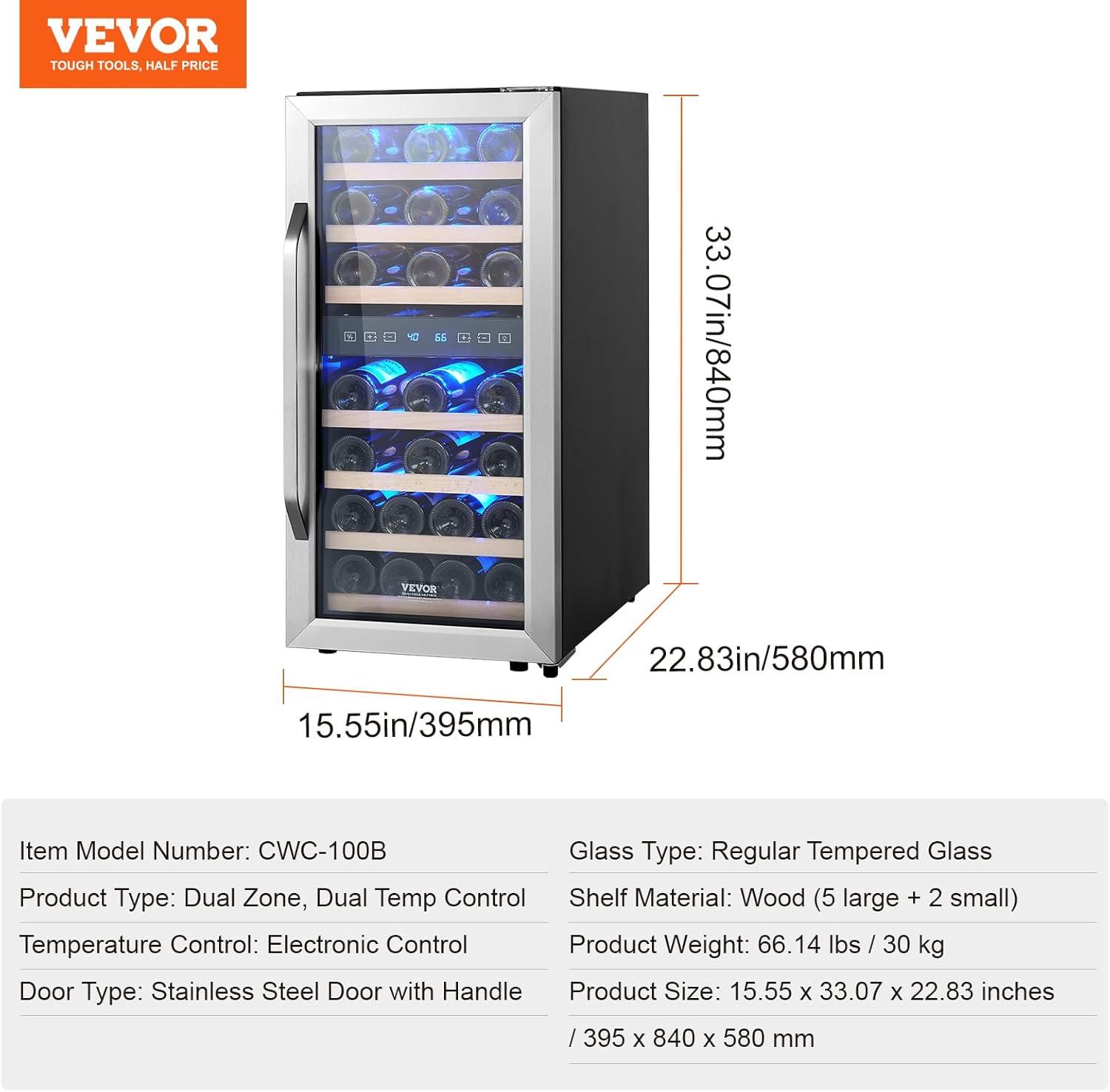 33-Bottle Dual Zone Black Stainless Steel Wine Cooler with LED Lighting