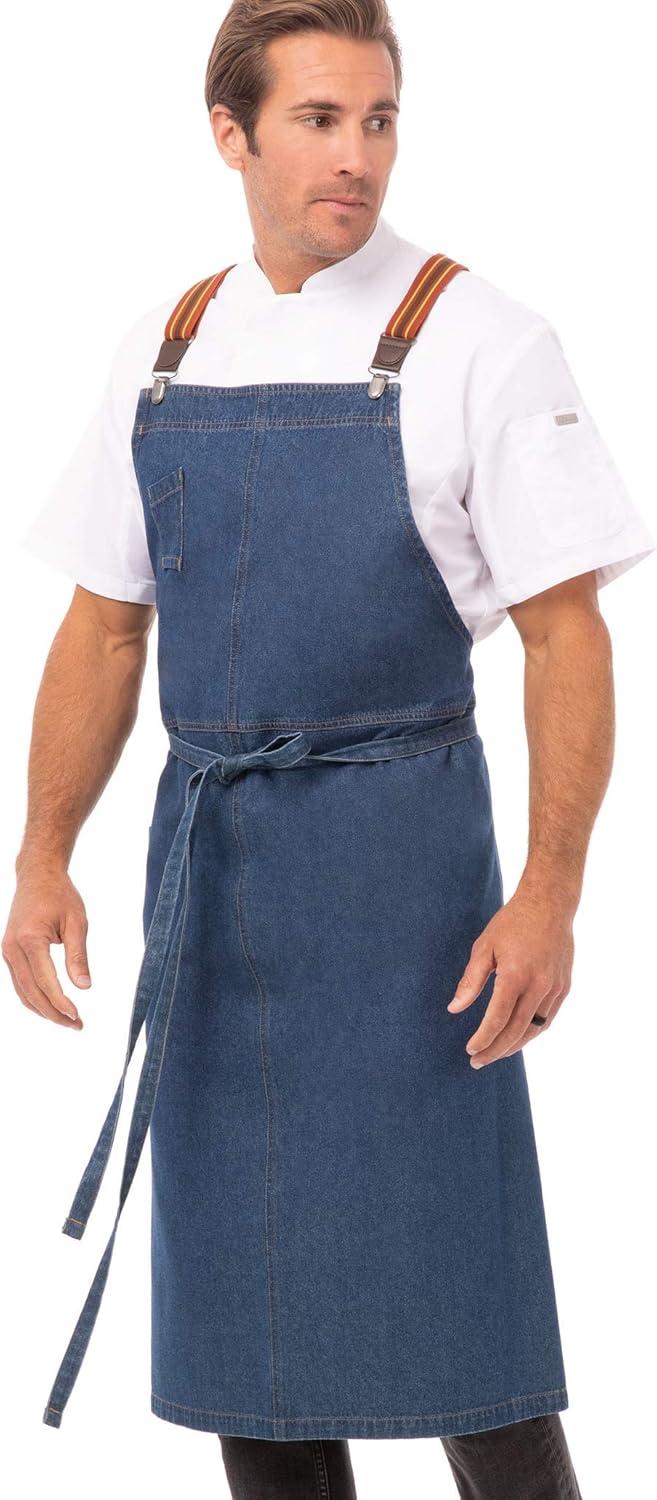 Medium Blue Cotton Chef's Bib Apron with Adjustable Straps