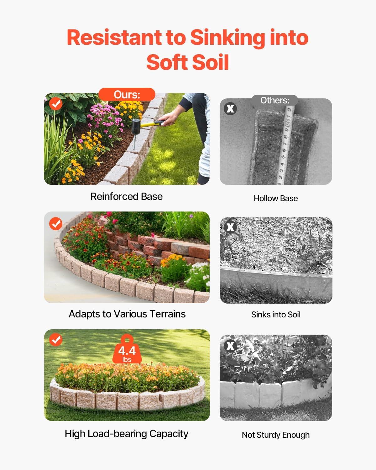VEVOR Faux Stone Landscape Edging, No Dig Garden Edging Border, Flexible Blocks for Lawn Edging, Flower Beds, Driveway, Yards with 12 Spikes, 4 Pack 24 Bricks 16FT Kit, 46.9" Lx 4" W x 6" H, Beige