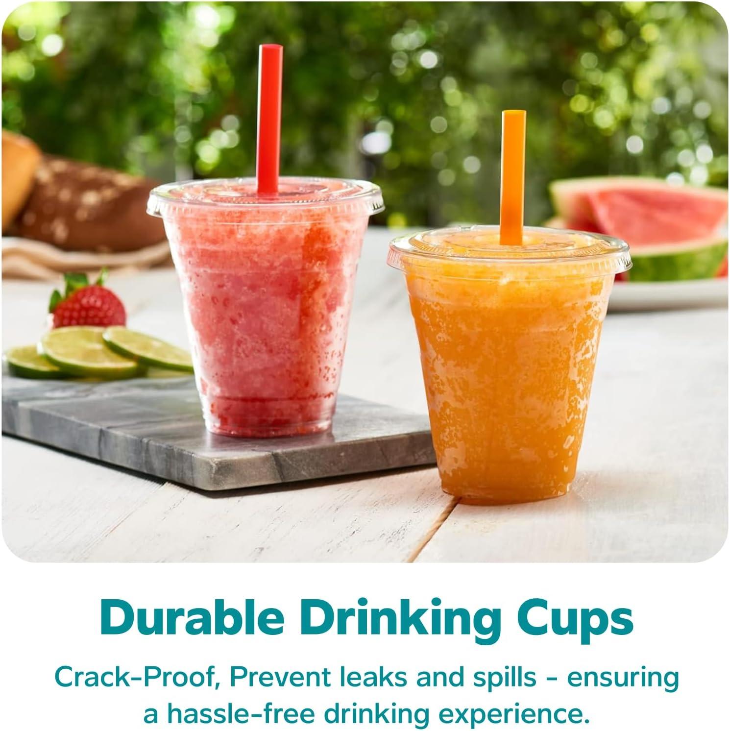 GUSTO 12 oz Clear Plastic Cups with Flat Lids & Straws for Coffee, Slushie, Milkshakes, 100-Pack