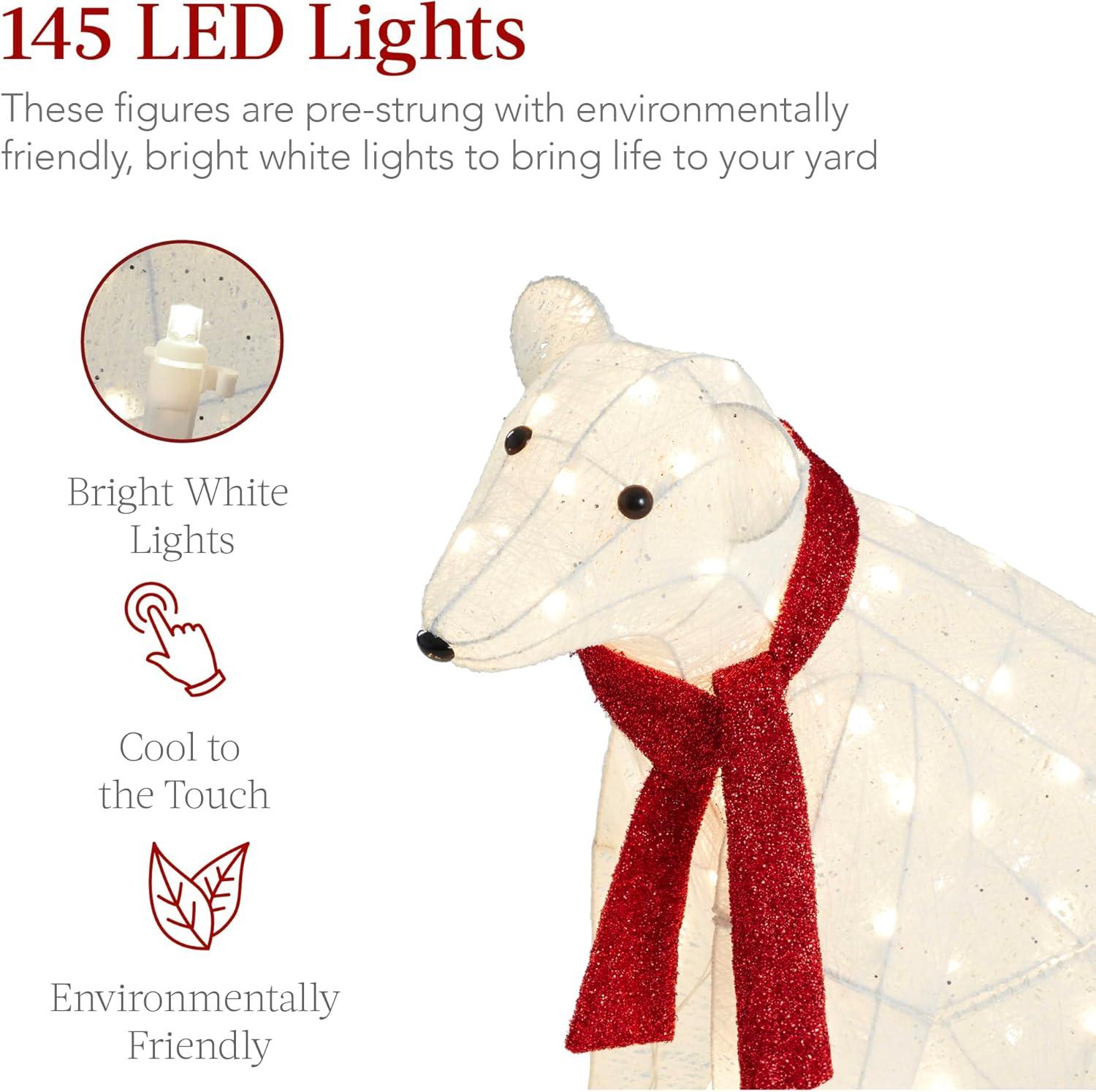 Best Choice Products Large Lighted Polar Bear Family w/ 145 Pre-Strung LED Lights, Zip Ties, Ground Stakes - Red/White