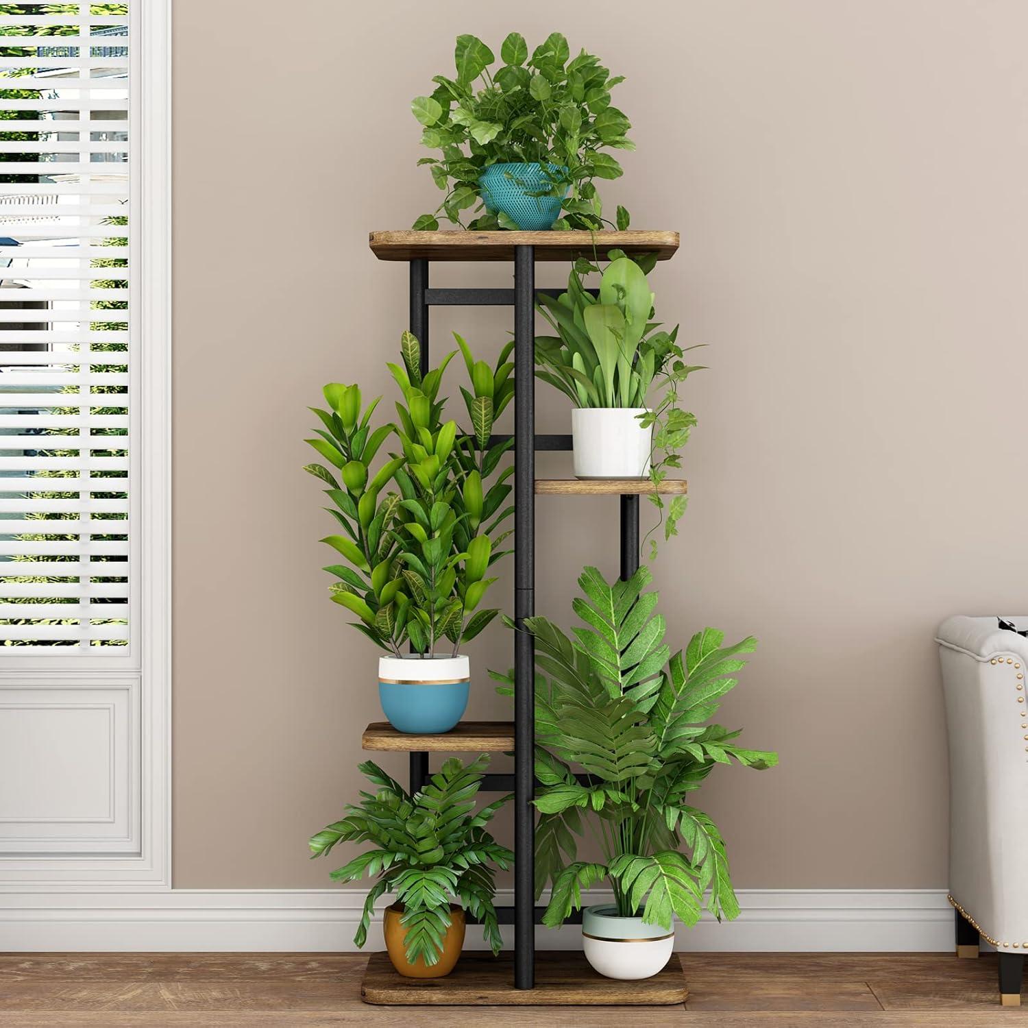 Black and Brown 4-Tier Iron and MDF Plant Stand