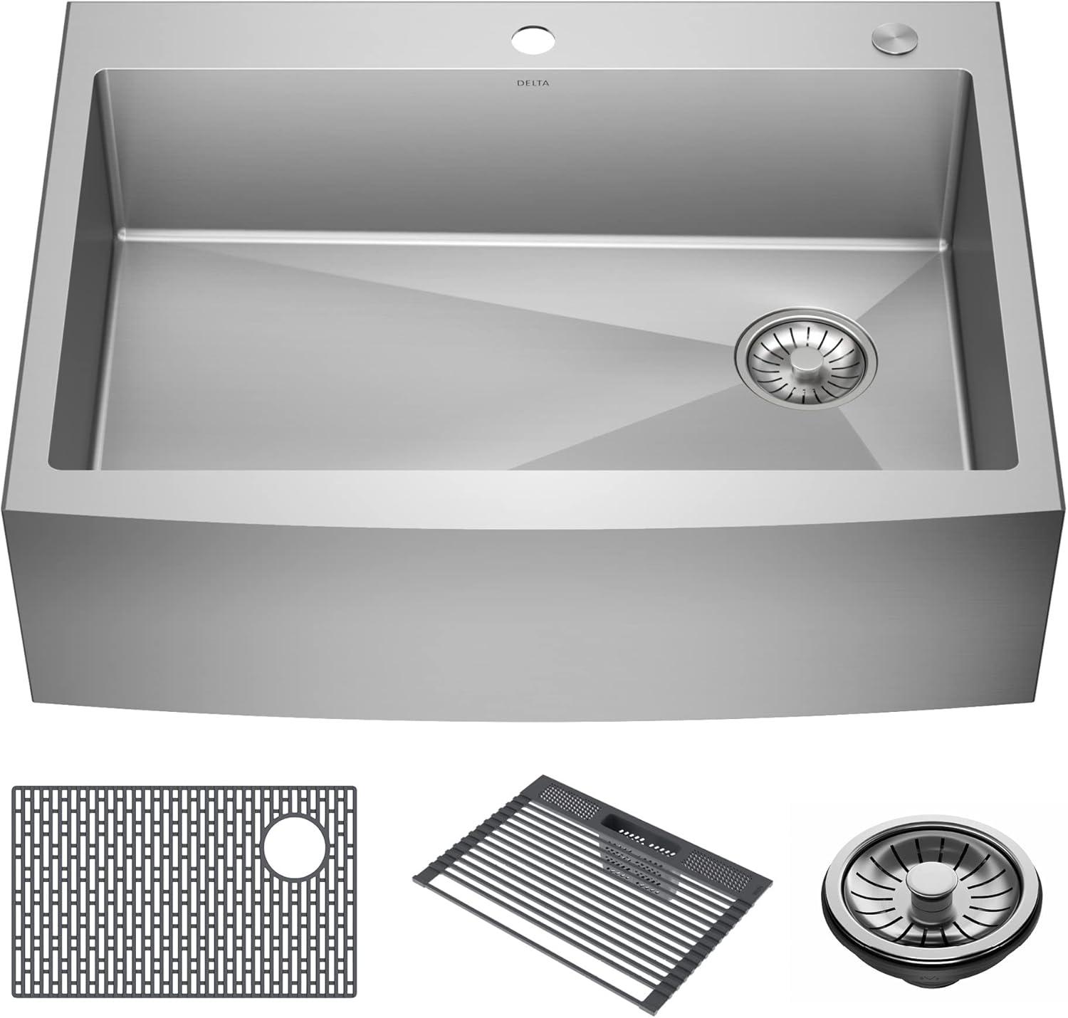 Lenta Retrofit Farmhouse Apron Front 16 Gauge Stainless Steel Single Bowl Kitchen Sink for Top Mount Installation