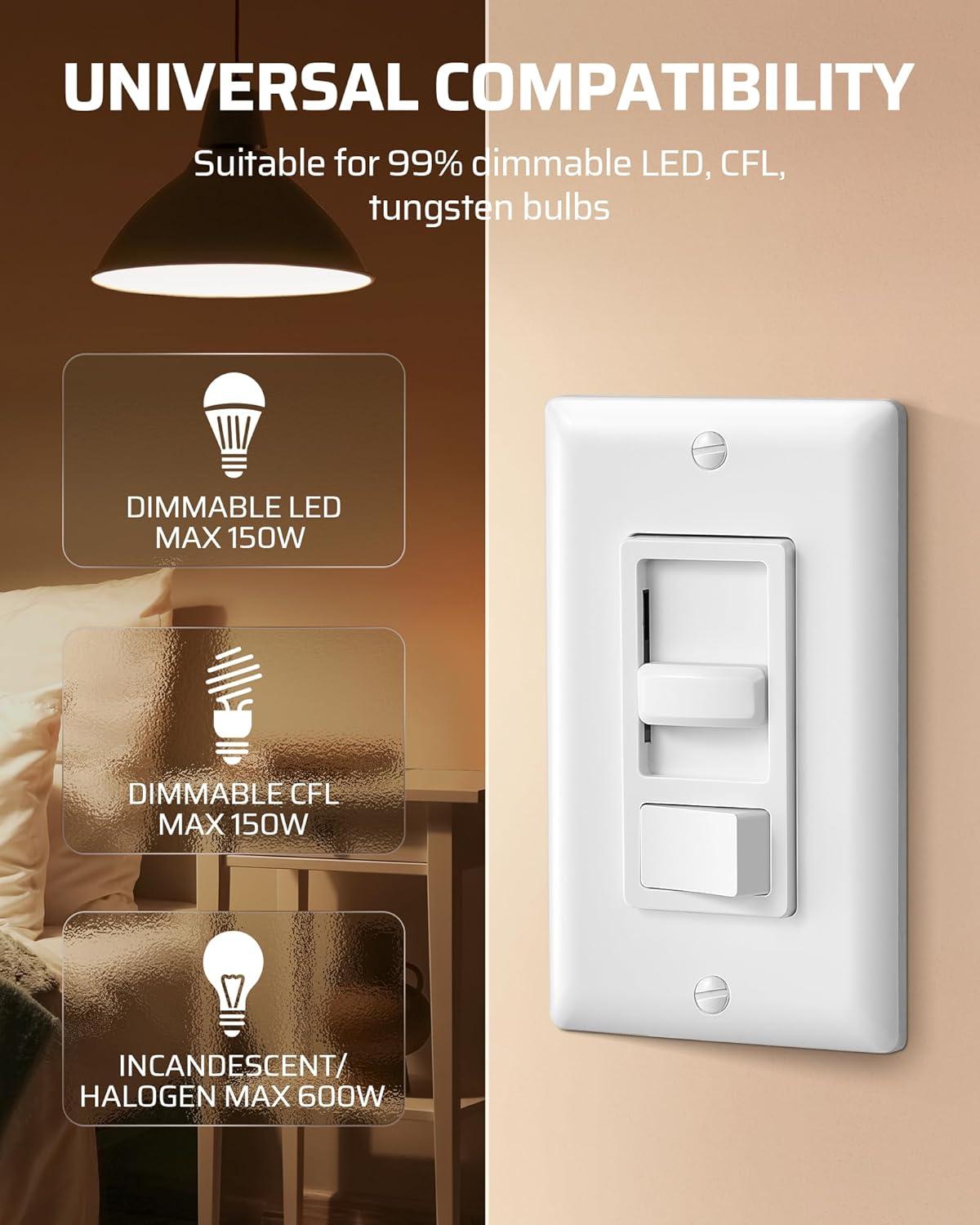 DEWENWILS Dimmer Switch for LED Lights, 600W Incandescent/Halogen and 150W CFL/LED, Single-Pole or 3-Way Dimmer Light Switch