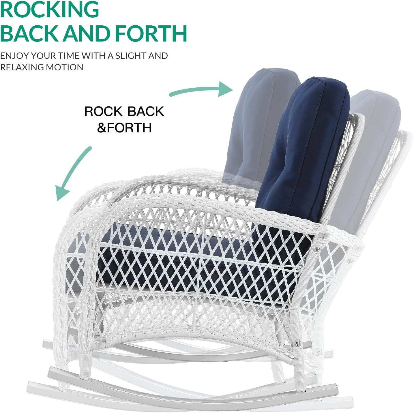 Beachcrest Home™ Beachcrest Home Outdoor Wicker Rocking Chairs Set Of 2, Rattan Patio Rocker Chairs With Thick Cushions And High Back, All-Weather Patio Wicker Chair With Safe Rocking Design For Garden, White Wicker
