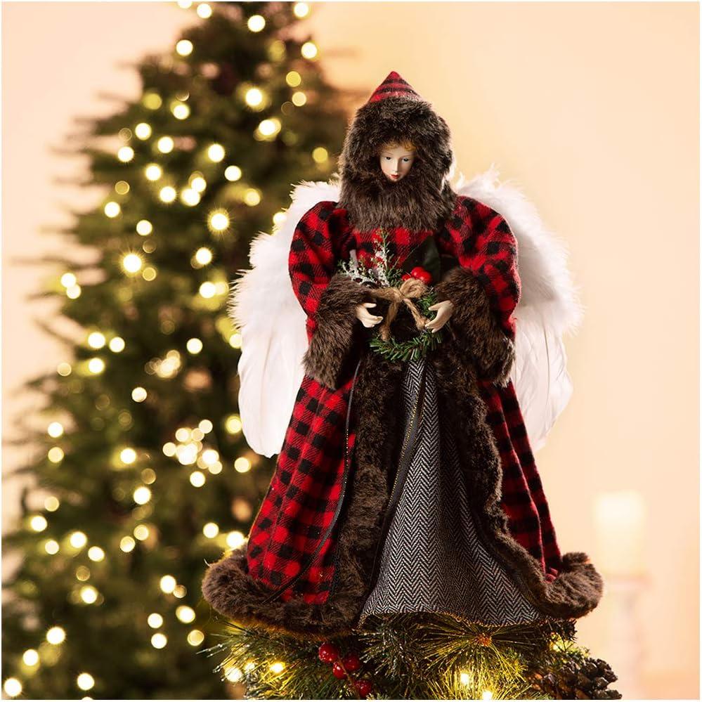 Glitzhome Handmade Plaid Angel Figurine Christmas Treetop Ornament Decoration 12" H - Red & Black